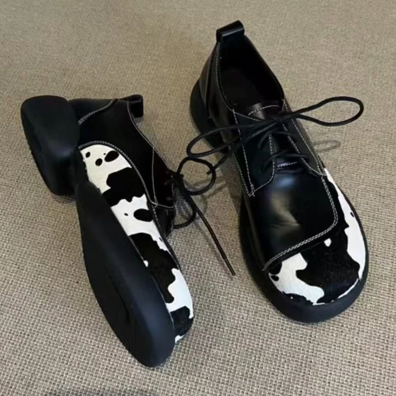 

Retro Fashion Loafers Shoes Women Round Toe Splice Lace Up Shallow Casual Shoes Ladies Comfort Designer Flat Shoes for Women