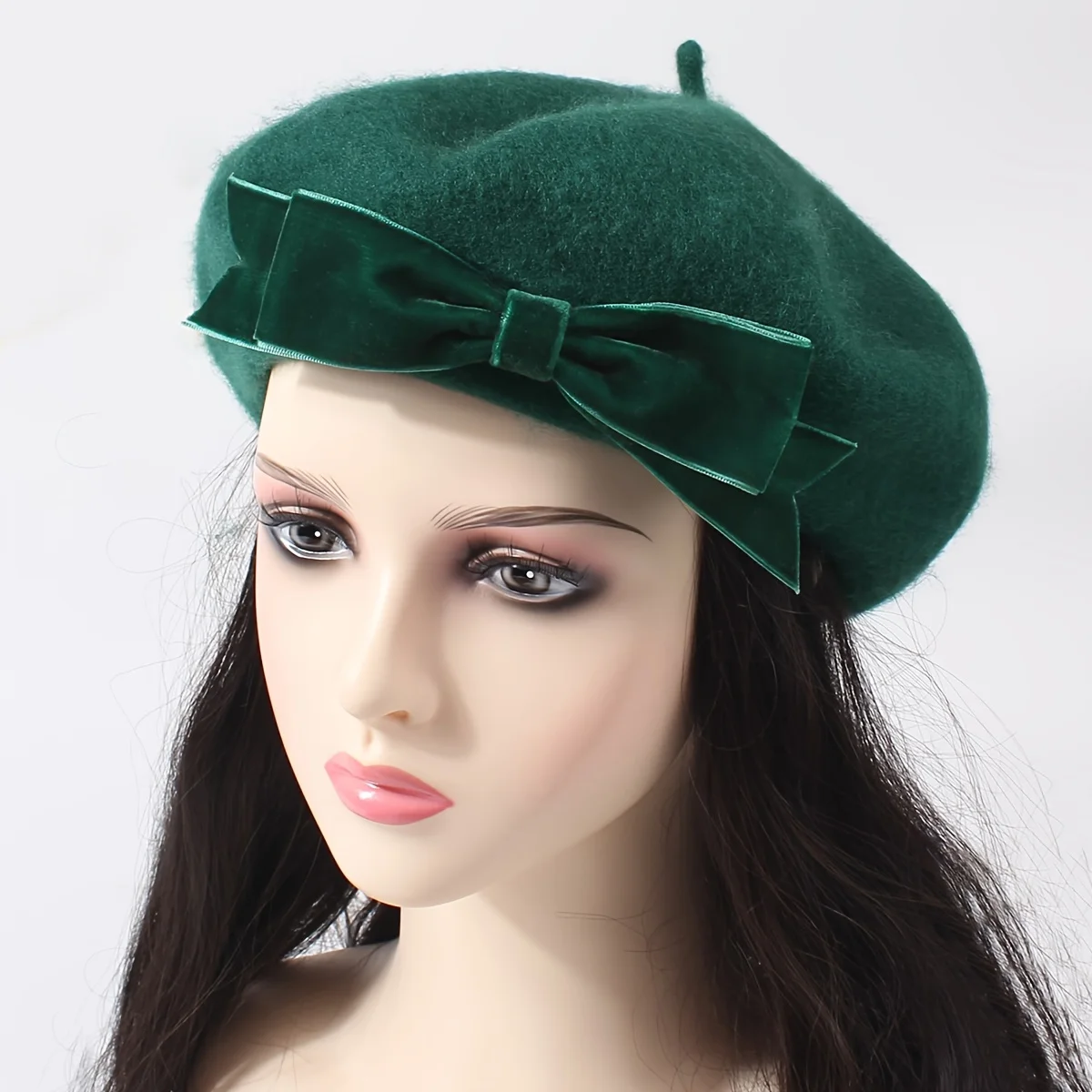 Elegante dunkelgrüne Baskenmütze aus Wolle mit großer Schleife, Vintage-inspirierte Malermütze für Damen, perfekt für Partys, trendige Outfits – Detail 4