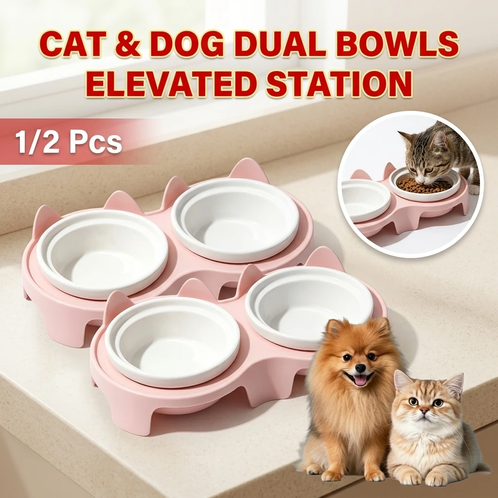 1/2Pcs Cat Bowl Double Bowl - Elevated Slanted Pet Food Water Bowls, High-Quality Kitten Feeding Drinking Bowls, Pet Supplies
