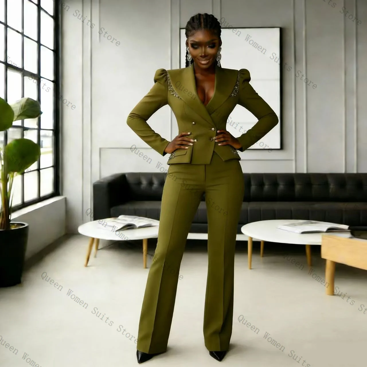 

Crystals Green Women Suit Pants Set 2 Pcs Blazer+Trousers Cotton Spring Prom Formal Office Lady Jacket Wedding Coat Customized