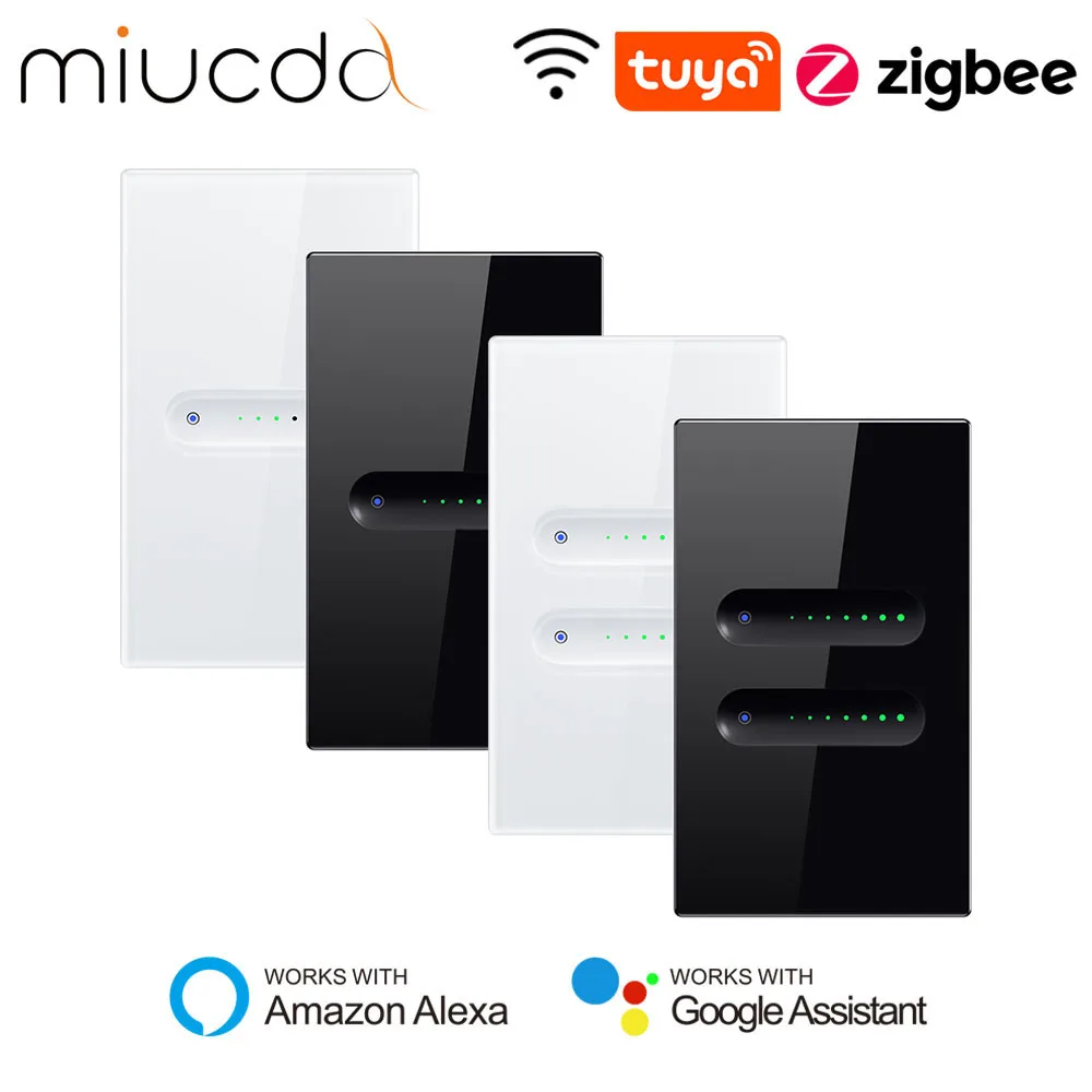 MIUCDA Tuya WiFi/Zigbee Smart Dimmer Switch Touch Light Switch US 1/2 Gang Glass Panel APP Remote Control For Alexa Google Home