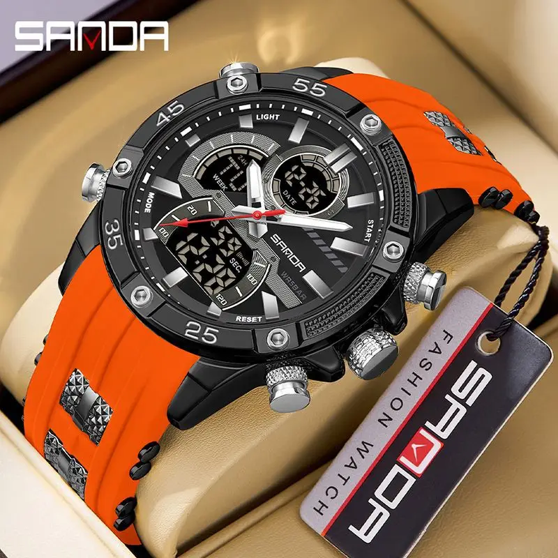 SANDA NEW  Men's Electronic Watch Creative Sports Waterproof Luminous Chronograph Pointer Digital Dual Display Wristwatches 2026