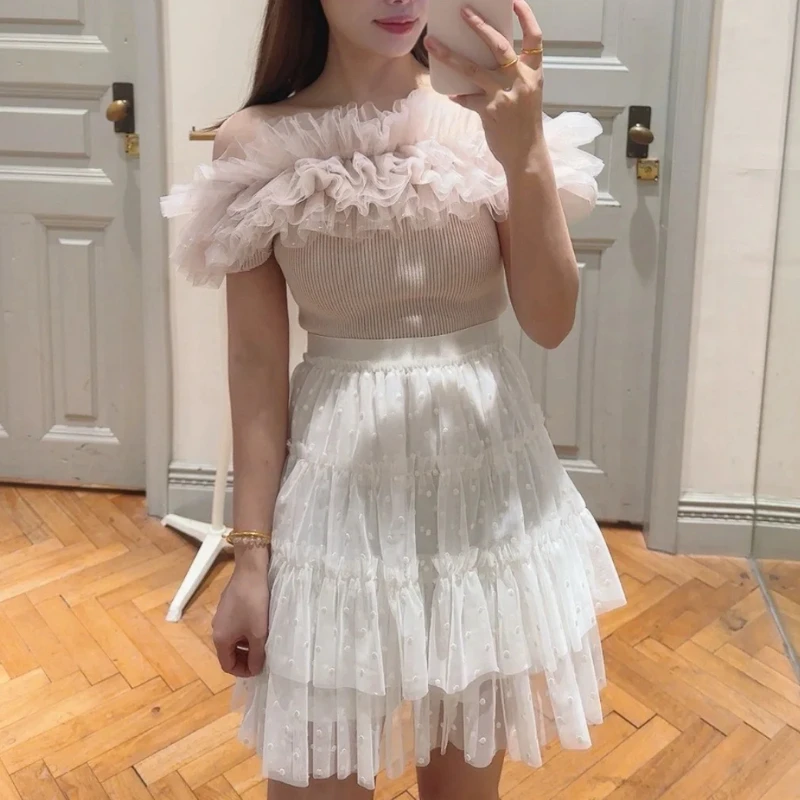 

Japanese Sweet E-girl Gauze Ball Gown Cake Skirt High Waist A-line Mini Jupe Solid Simple Temperament Summer Faldas Mujer