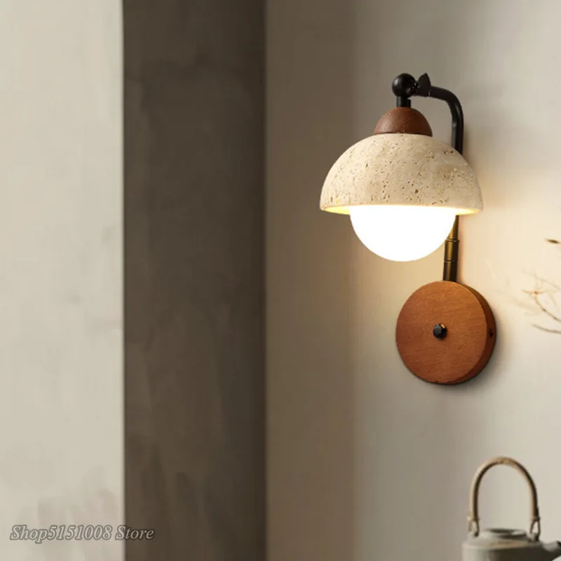 

Nordic Yellow Travertine Wall Light G9 LED Bulb Walnut Canopy With Switch Wall Lamp Bedroom Home Room Decor Lighting Fixtures