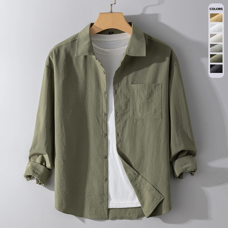 Autumn Solid Color Long-sleeved Shirt Men's Loose Soft Comfort Office Business Casual Korean Fashion Shirts White Black Green