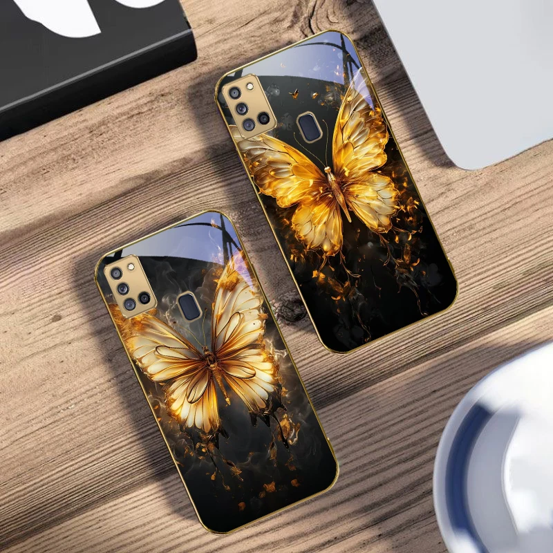 لهب فراشة دافئة لسامسونج A 31 32 A33 A34 35 14 A15 13 16 25 26 50 52 53 54 55 56 70 71 72 73 حافظة هاتف زجاجية ذهبية