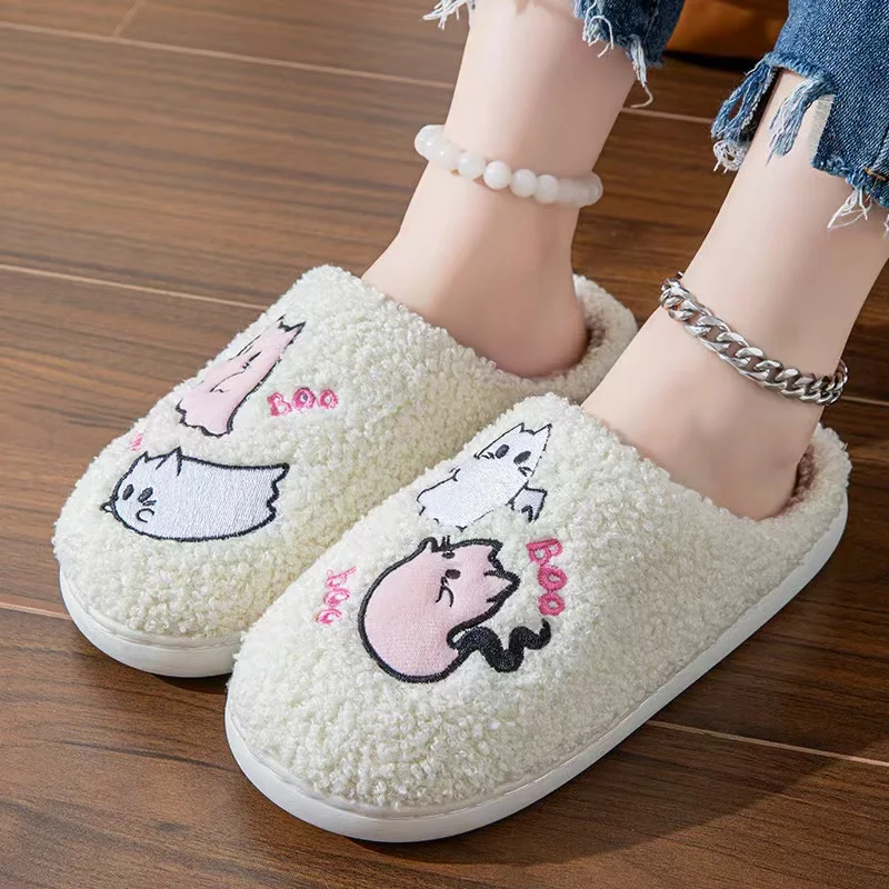 Boo Halloween Home Women\'s Slippers New 2024 Autumn/Winter Halloween Cartoon Leisure Home Furry Sliding Soft Warm Large Size