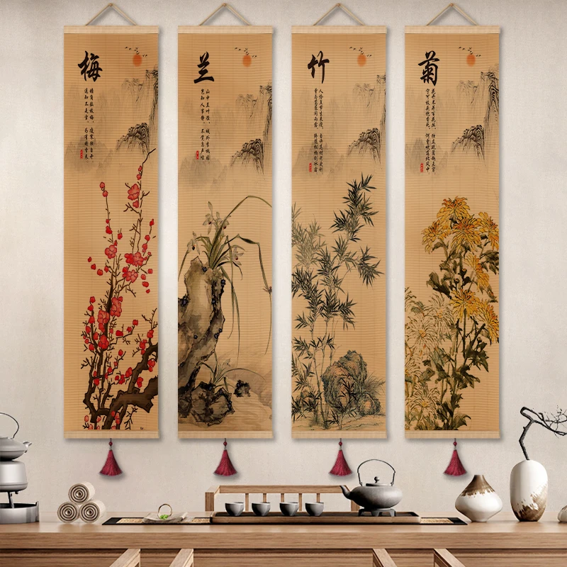 

Japanese Zen Karesansui Bamboo Scroll Wall Tapestry - Ink Wash Calligraphy Hanging, Natural Material Room Decor Aesthetic