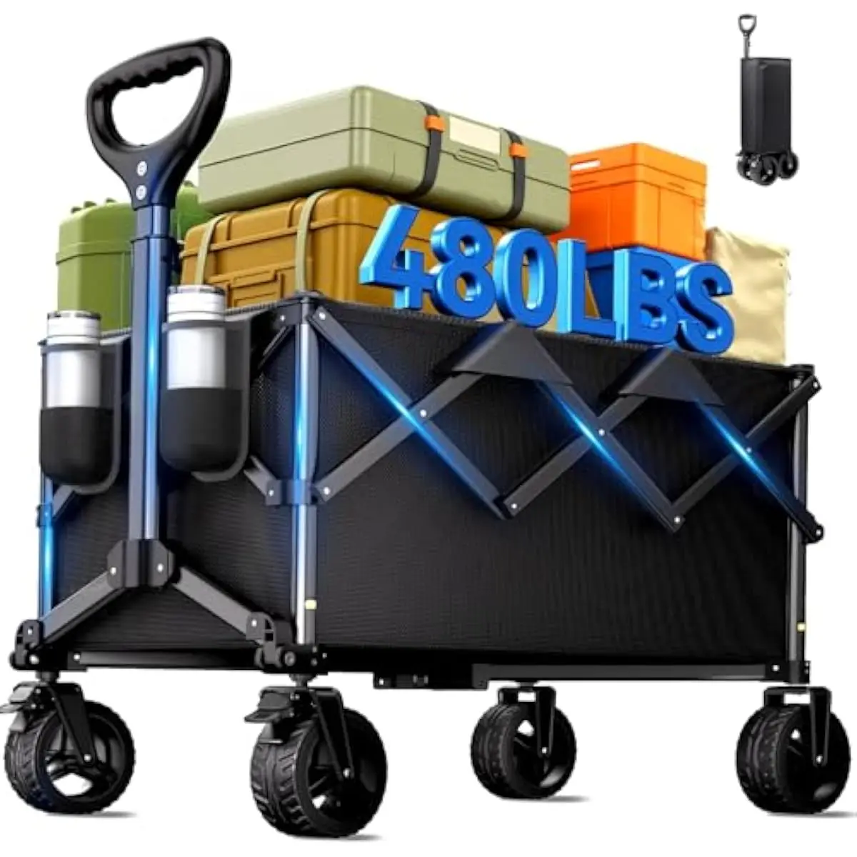 Foldable Heavy-Duty Utility Wagon with 6-Inch All-Terrain Wheels, 30.7x19.7x17.8-Inch Cargo Space, Adjustable Ergonomic Handle,