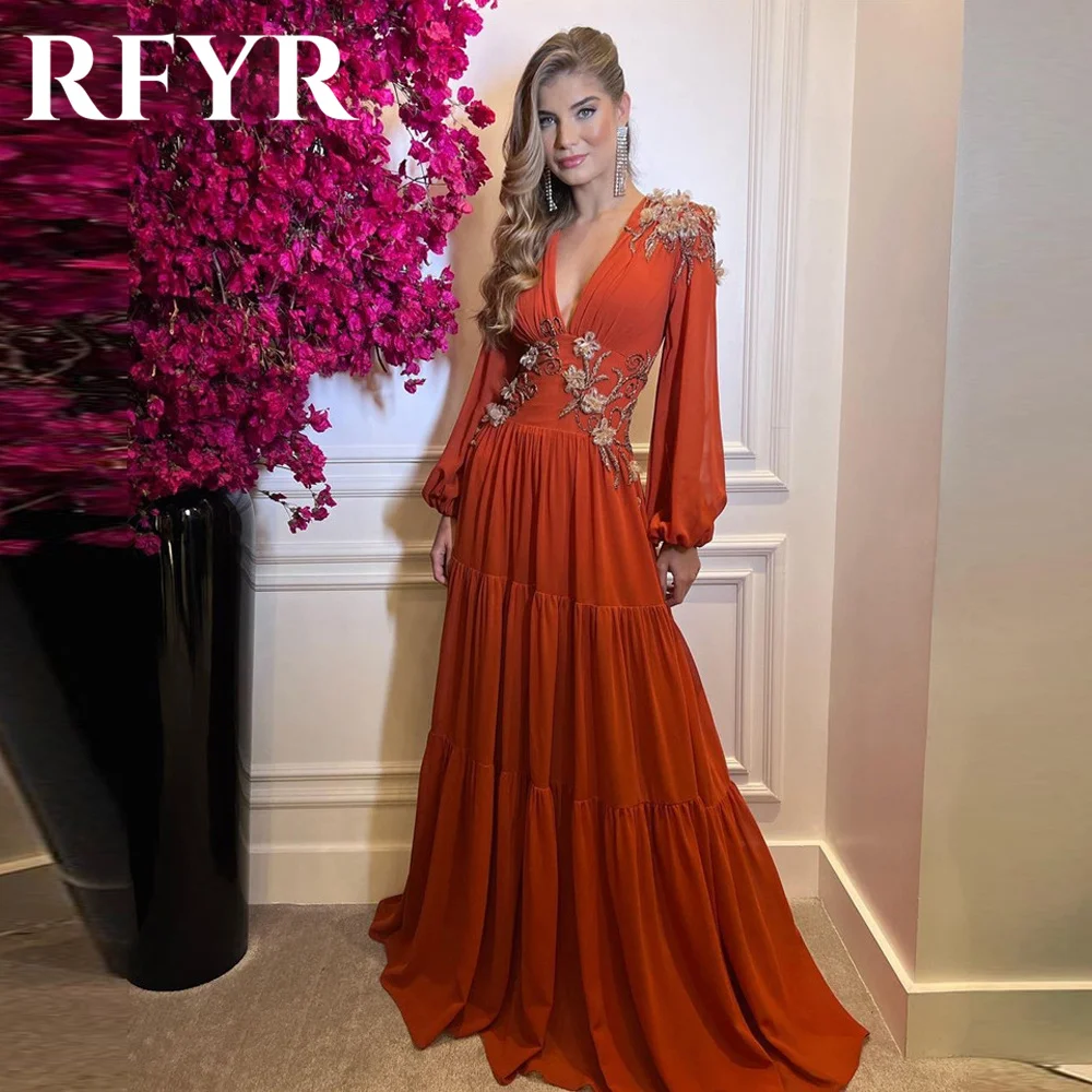 

RFYR Elegant Orange Evening Dress with Pleats Beach Arabic Israel Prom Dresses Regular Sleeve V-neck Women Party Gown Customized