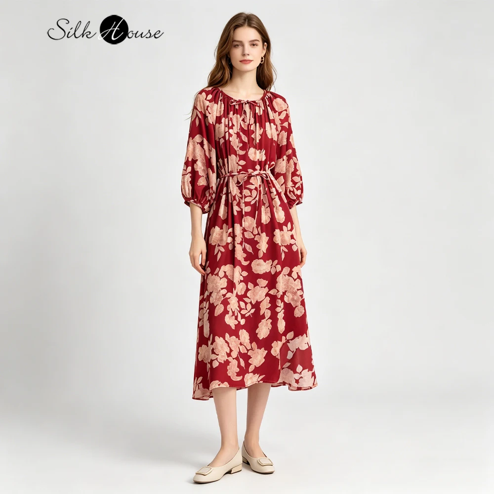 

Women's Vacation Style Summer New Retro Print 100% Natural Mulberry Silk Double Crepe Round Neck Three-quarter Sleeve Slit Dress