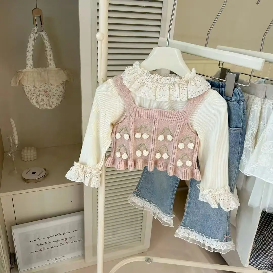 

Комплект из 3 предметов, весенне-осенний комплект одежды, розовый вязаный жилет + рубашки + джинсовые штаны, детская элегантная одежда для маленьких девочек, От 2 до 10 лет