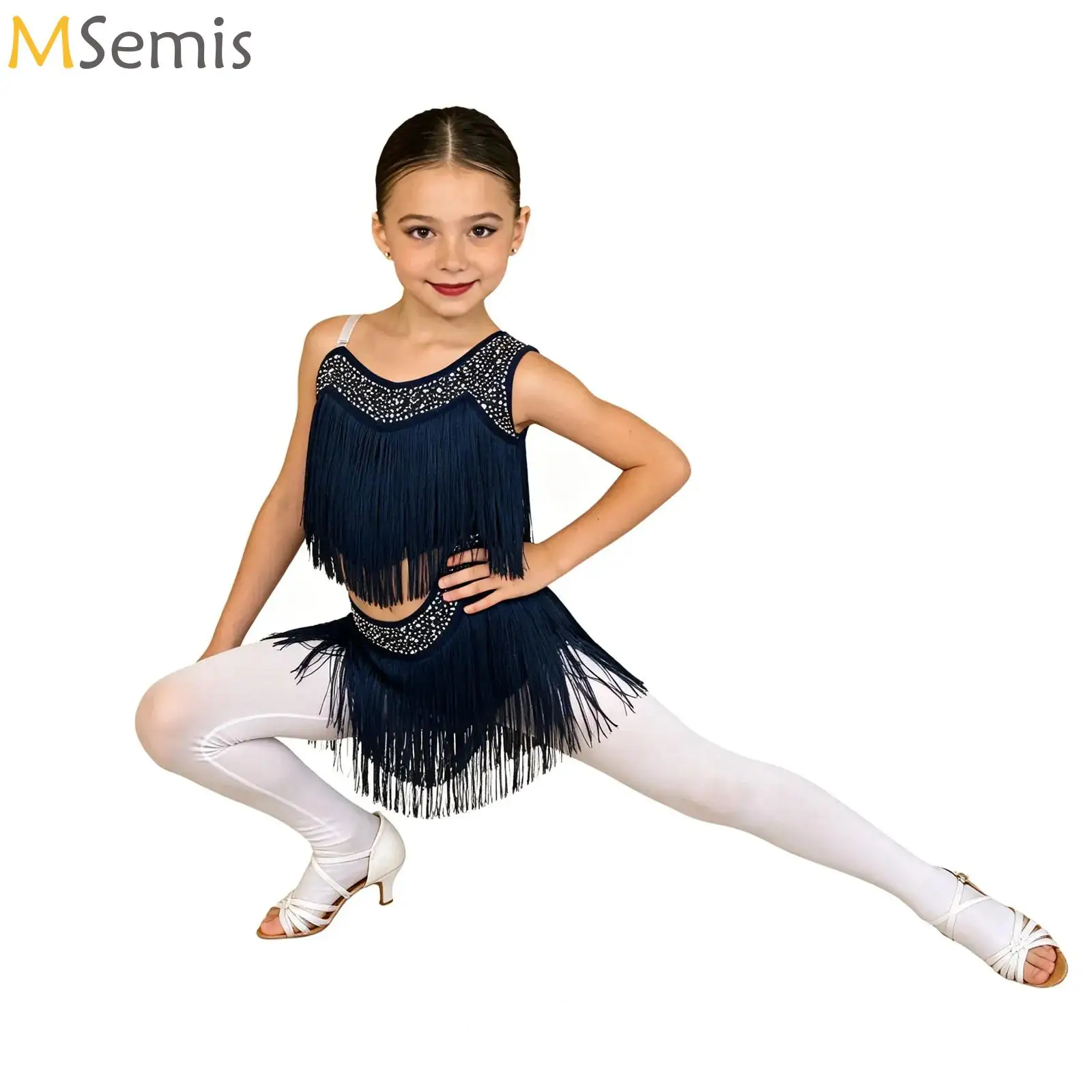 

Kids Girls Rhinestone Latin Tango Dance Tassel Leotard Dress Asymmetrical Fringe Bodysuit Rumba Cha-Cha Jazz Salsa Dance Dress