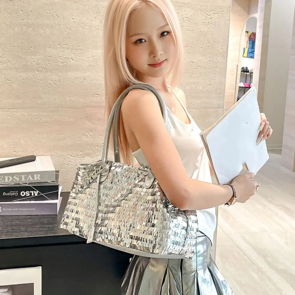 Simple Shiny Sequin Tote Bag Fashion Sequined Glitter Shoulder Bag Underarm Bag Large Blingbling Handbag Outdoor