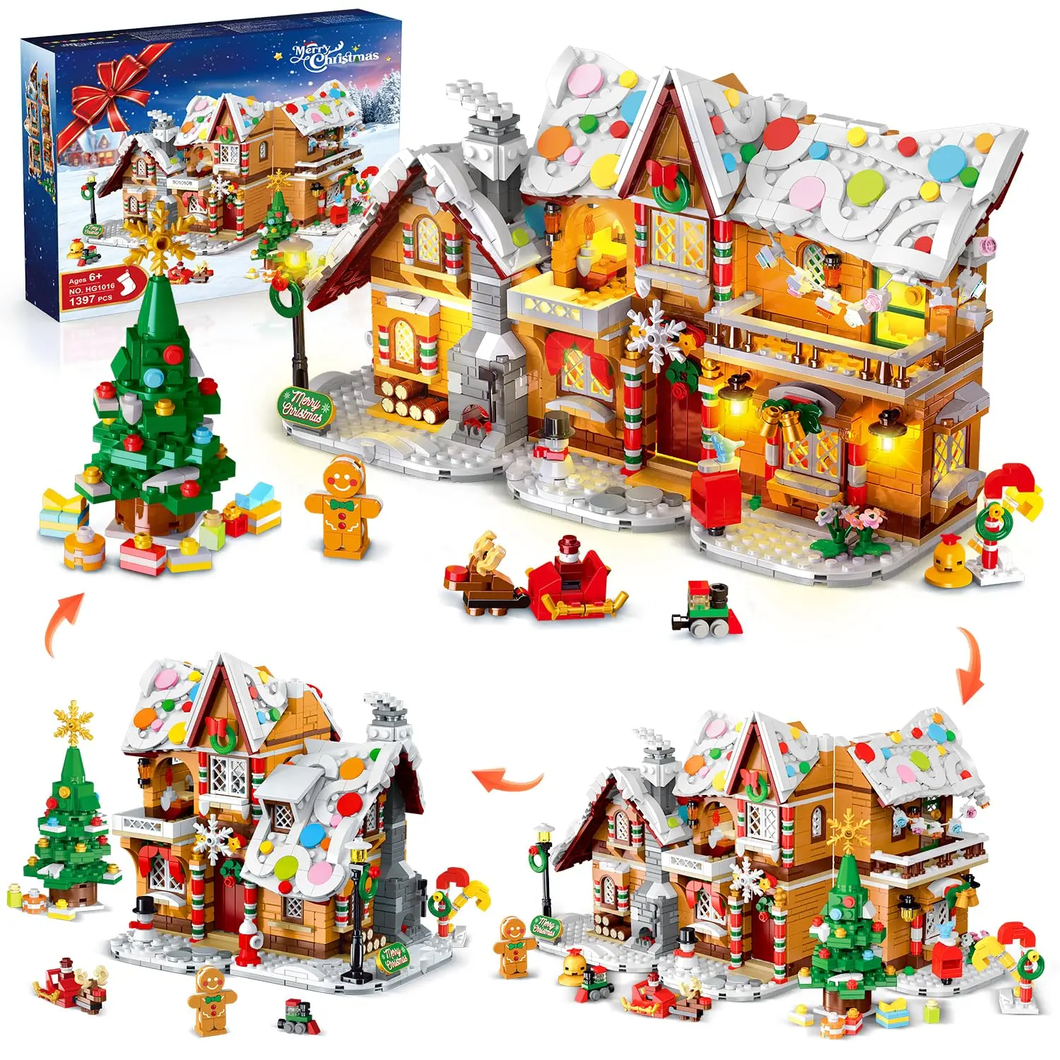 2024 Christmas Gingerbread House Building Toy with LED Light-3 Style Modes Block with Santa Xmas Tree Train for Adults Kids8+