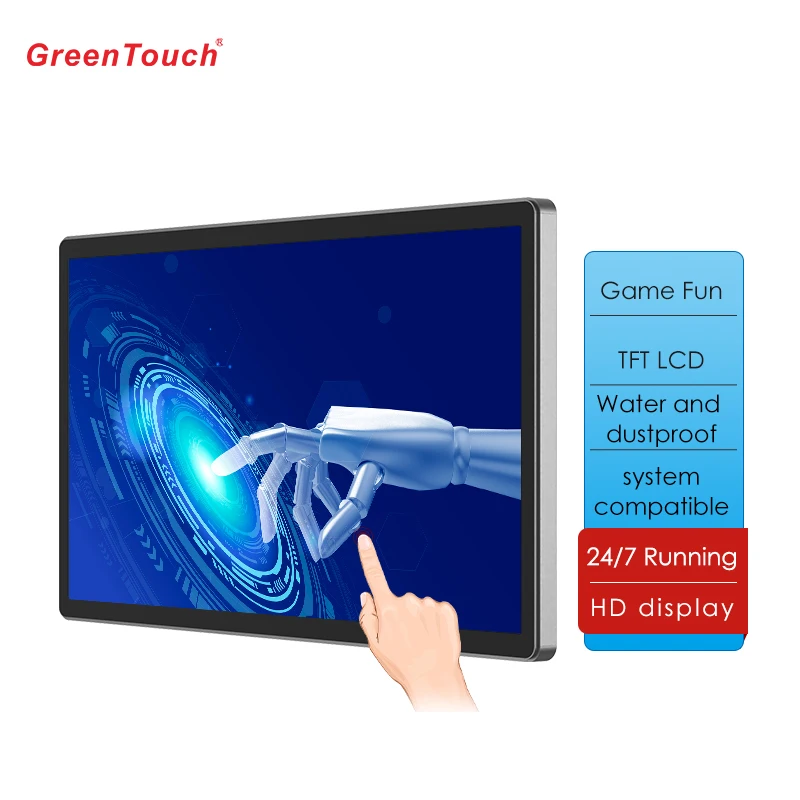 اللمس الأخضر 43 بوصة IP 65/IK 08 شاشة مقاومة للماء لوحة اللمس بالسعة 3M RS232 LCD آلة الألعاب ذات الإطار المفتوح