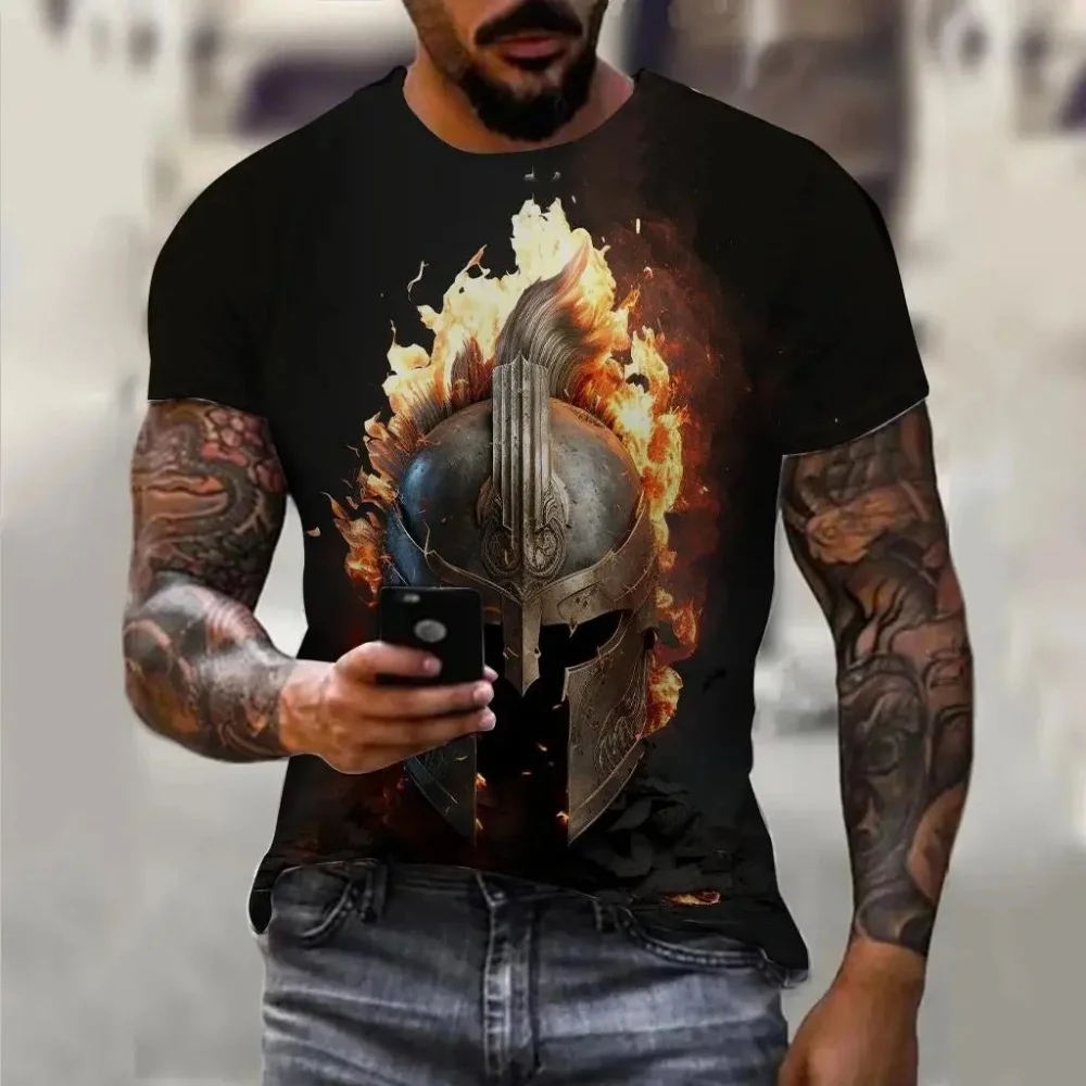 

2025 Summer Vintage T-Shirts for Men Spartan Pattern 3D Print Short Sleeve Fashion Oversized T-Shirt Men's Casual Clothing Tops
