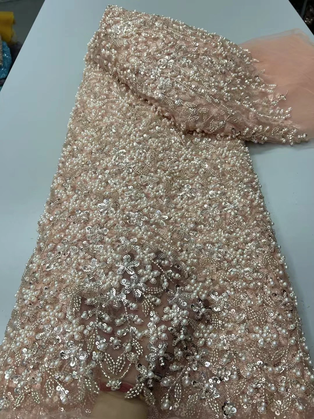Wholesale Nigerian Gold Lace Fabrics Fashion Women African Tulle Lace Luxury Handmade Beaded Sequins Fabrics For Wedding 5 Yards
