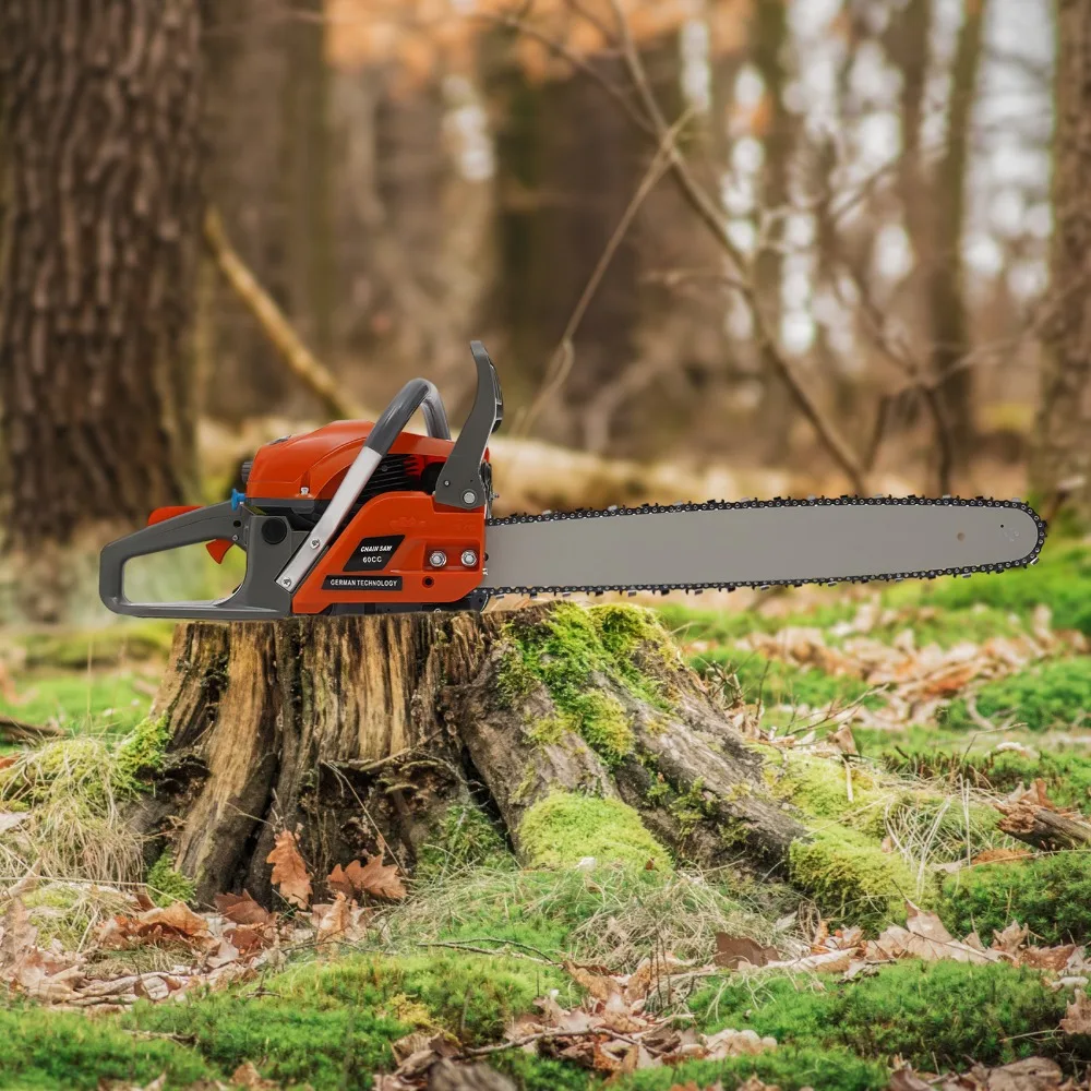 22 นิ้วลูกโซ่แก๊ส 2 จังหวะ 60CC 2.8KW เครื่องยนต์มือถือแก๊สเลื่อยโซ่ Air-cooled เบนซินเลื่อยชุดสําหรับตัดไม้