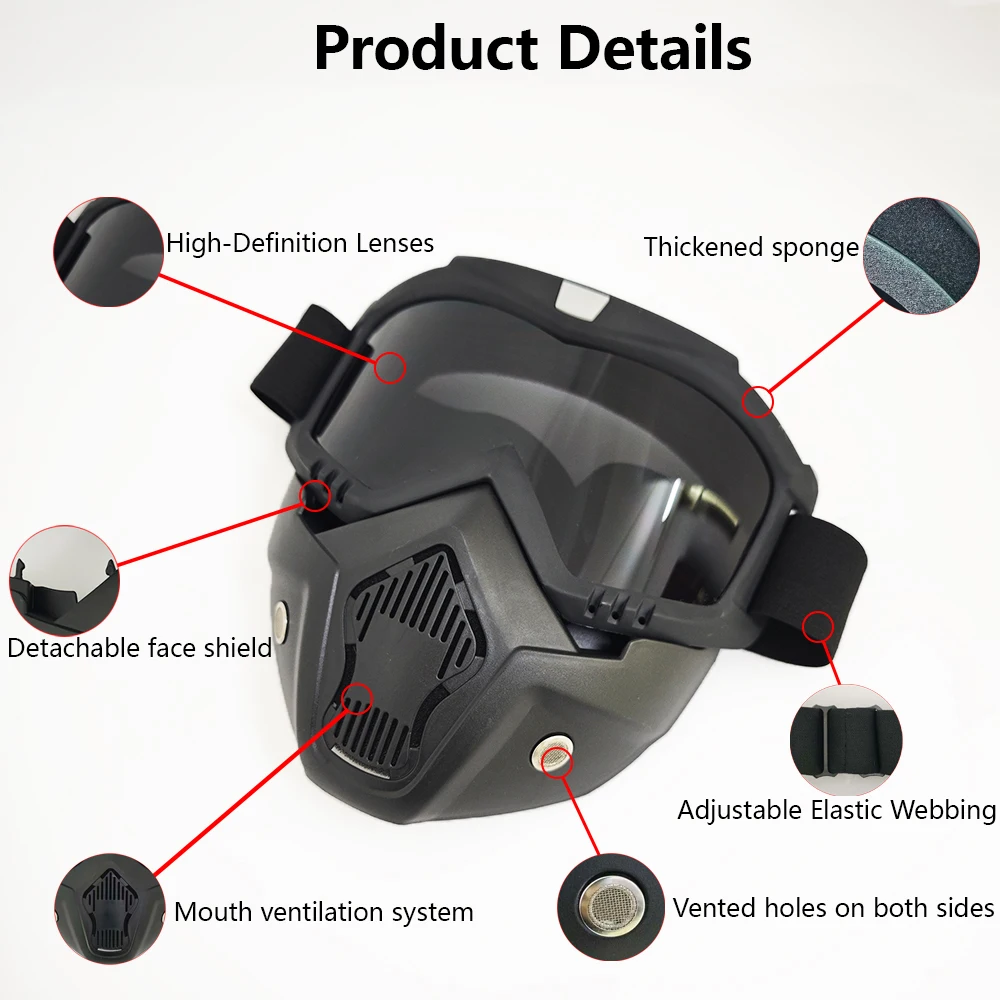 Vent Mouth System Protective Goggle Mask, Fit Mountain Cross‑Country & Snow Tour, Adjustable Strap For Outdoor Riders