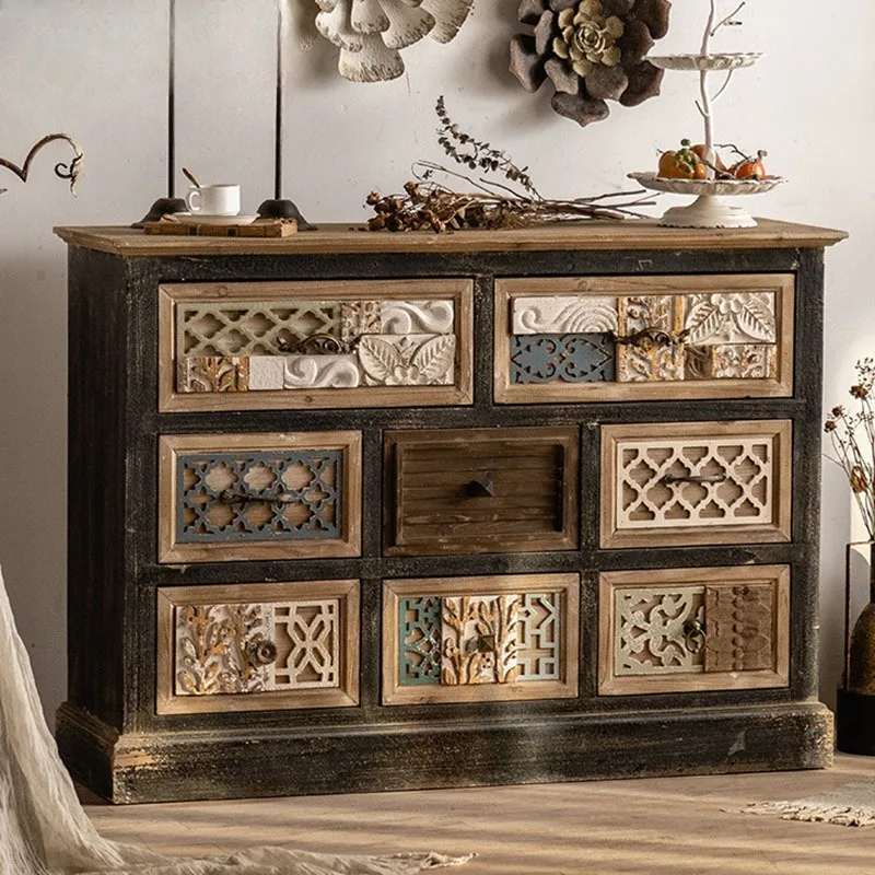 

Mediterranean style retro wooden chest cabinet, American drawer decorative storage cabinet