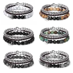 Natural Gemstone Beads Bracelet Stainless Steel Chain Vintage Rope 3pcs Set Jewelry