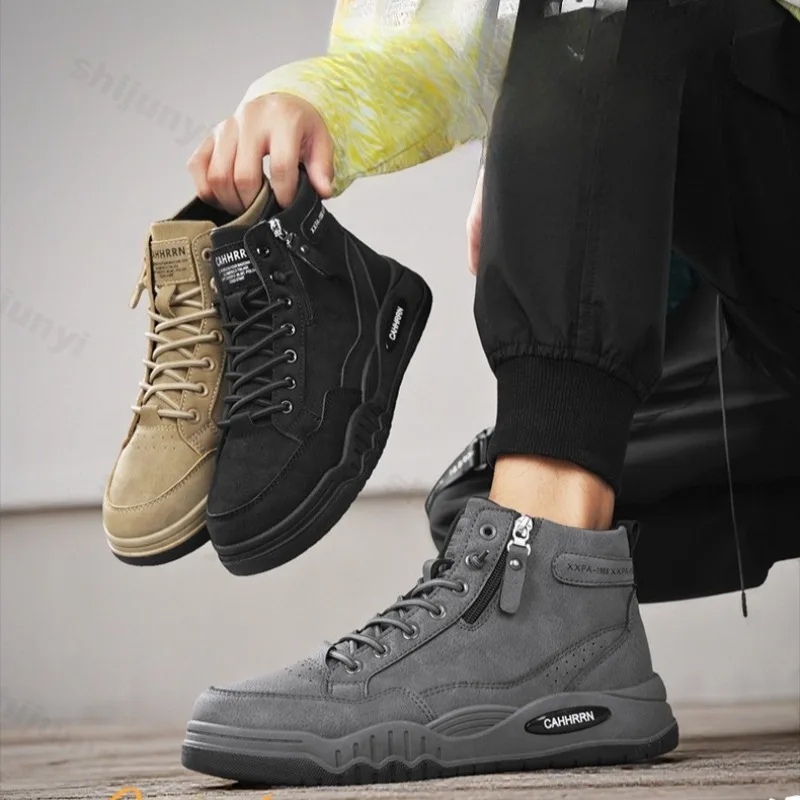 

Men's Platform Sneakers Autumn New Vintage Outdoor Non Slip Height Increase Board Shoes Fashion Lace Up Side Zipper Work Shoes