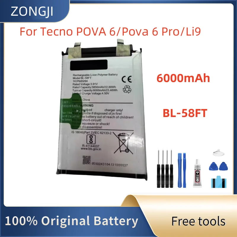 New Battery 6000mAh BL-58FT For Tecno POVA 6/Pova 6 Pro/Li9 Mobile Phone Battery+Free Tools