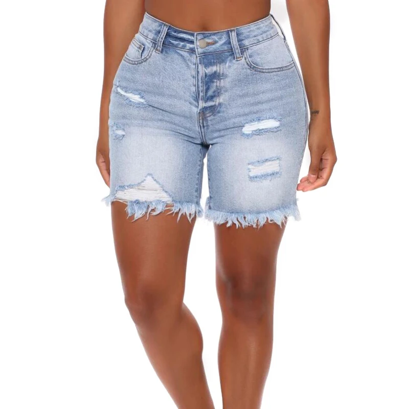 

New Cycling Denim Shorts Women Fashion Ripped Tassel Tight Five-Point Shorts Washed Female Summer Thin Short Jeans Trouser Q781