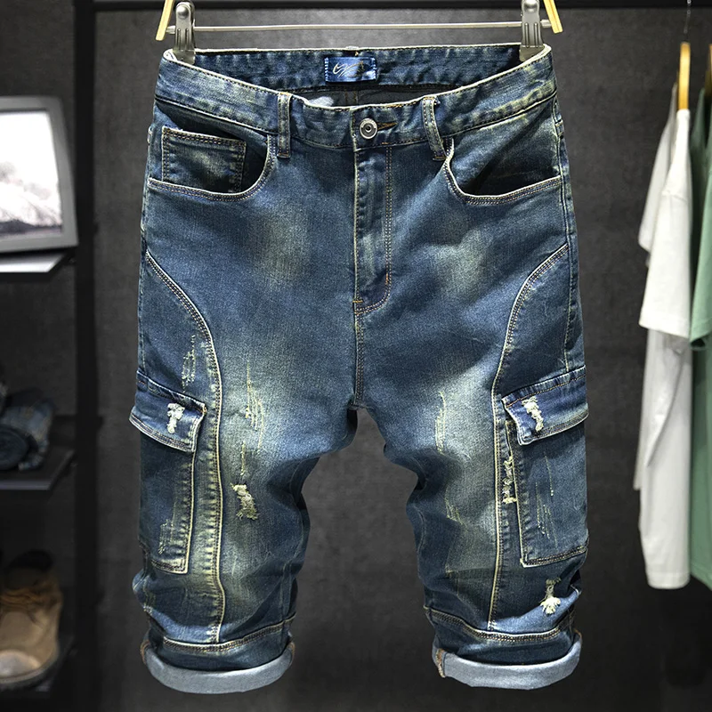 

Retro Sle Patchwork Multi-ket Denim Work Pants Men's 7-Length Summer Thin Hole Elastic ort orts Faion Urban Sle