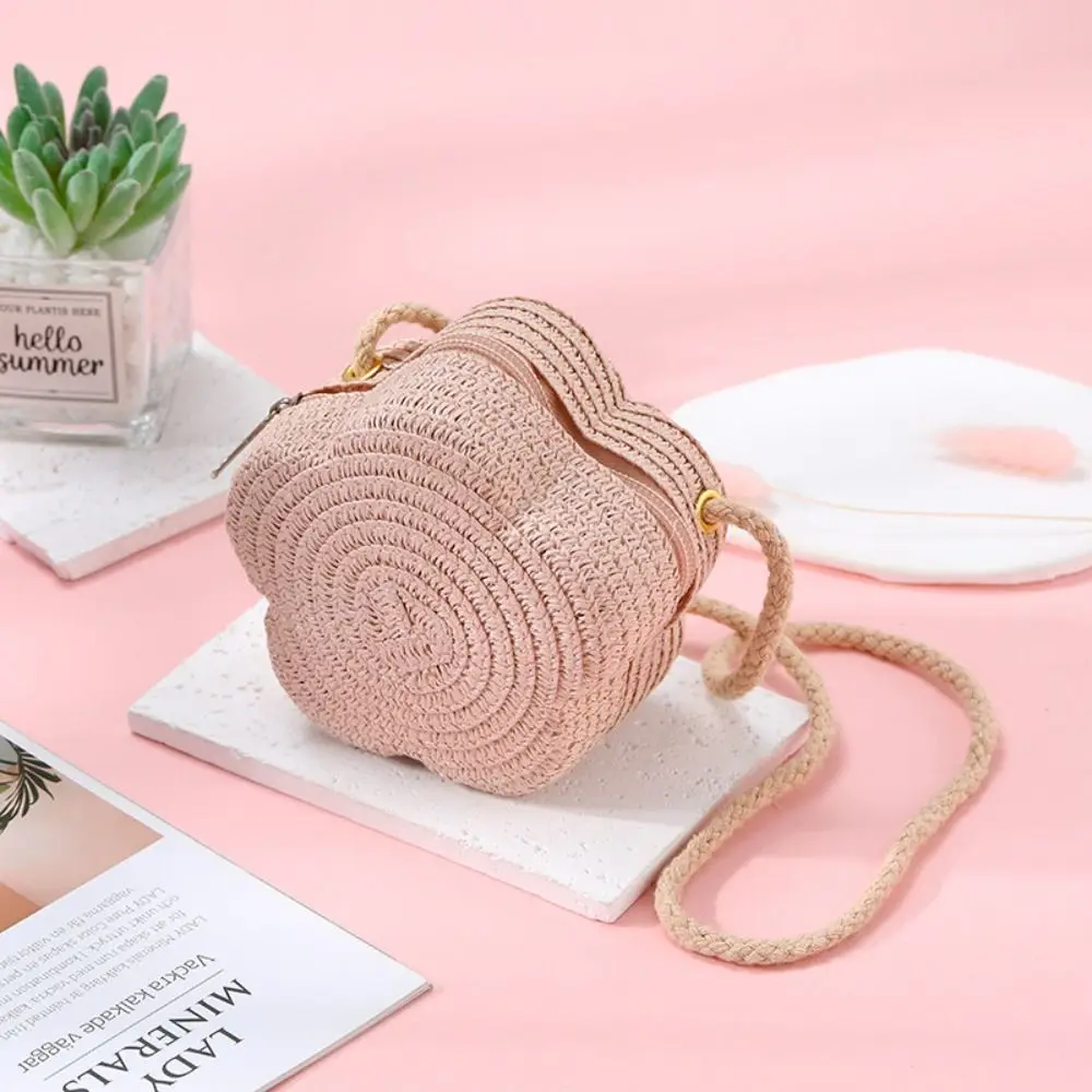 New Woven Straw Shoulder Bags Flower Travel Coin Purse Creative Cute Beach Bag for Children