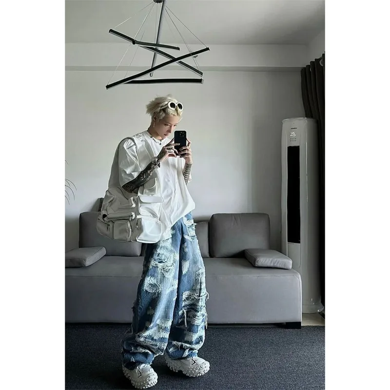 

Foufurieux European and American Blue Ripped Jeans Men's Autumn and Winter New Oversized Straight Leg Wide Leg Pants