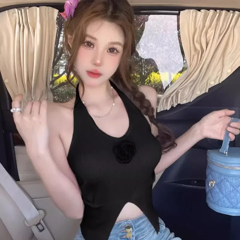 Dopamine Solid Color Three-dimensional Flower Knitted Camisole Summer New Sweet and Spicy Girl Fashion Hanging Neck Short Top