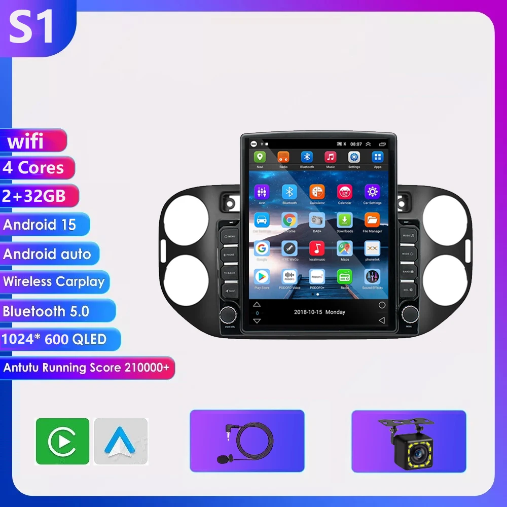 9.7 inch Android 16 Carplay Auto voor VW Volkswagen Tiguan 1 NF 2006 2008-2014 2015 2016 autoradio multimediasysteem GPS speler stereo