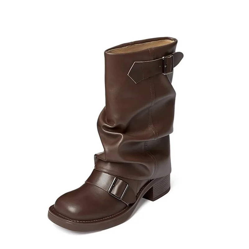 2024 Fashion Round Toe Ladies Elegant Pipe Short Boot Shoes Women\'s Footwear Heeled Comfortable Winter New Woman Biker Boots