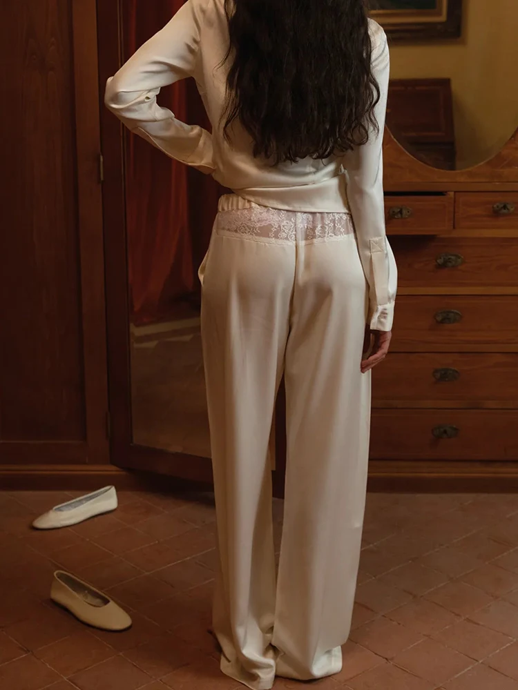 Articat Fashion Lace Satin Patchwork Slim Long Pants Women Solid Color Straight Pants Female Spring New Casual Home Pants 2026