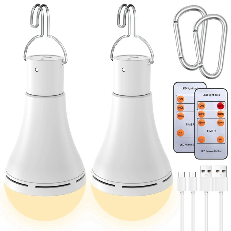 USB Rechargeable Light Bulb With Remote For Home Power Outage, With Hook White For Outdoor 2 Pack