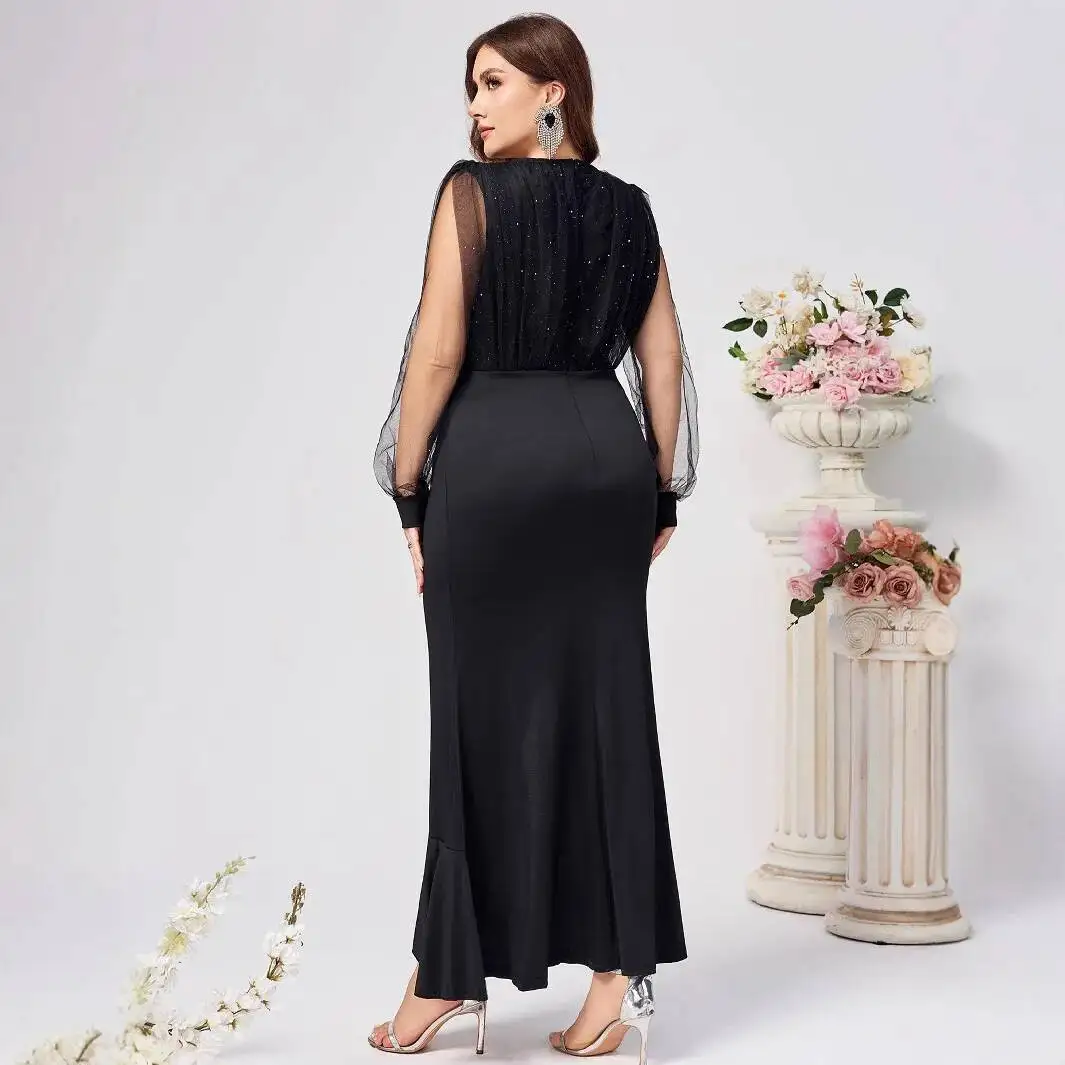 

Sleeve V-neck Elegant Mesh Women's Plus Size Dress Large Size Autumn Dress Women Pu 2025 Party Summer Elegantes Casual Y2k 4xl