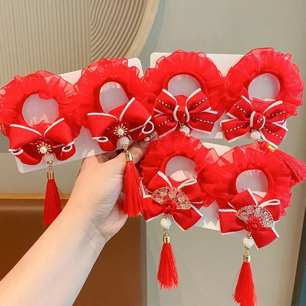 Tassel Children Red Hair Rope Hairball Tang Suit Hair Clip Chinese New Year Headwear Ancient Headwear Pearl Red Bow Hair Rope