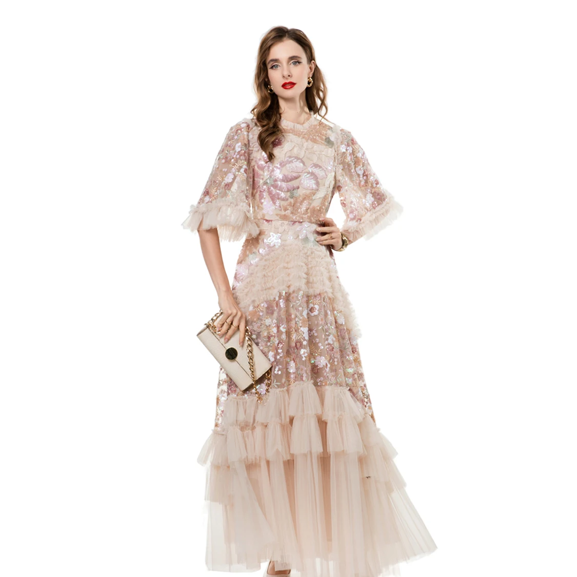 Vestido de mujer con cuello redondo, manga corta, retales florales con lentejuelas, volantes, elegante vestido de fiesta de graduación de diseñador, Maxi Vestidos S- 4XL