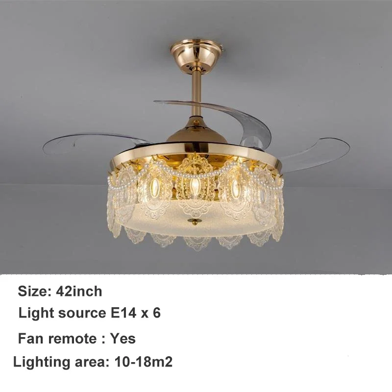42"Invisible Ceiling Fan Chandelier Light Modern Crystal Ceiling Fan Lamp with Remote Control for Bedroom Living Room Gold Decor