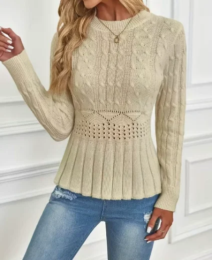 

Autumn New Solid Round Neck Fried Dough Twists Jacquard Knitted Hollow Sweater Slim Waist Shrinking Pleated Sweater