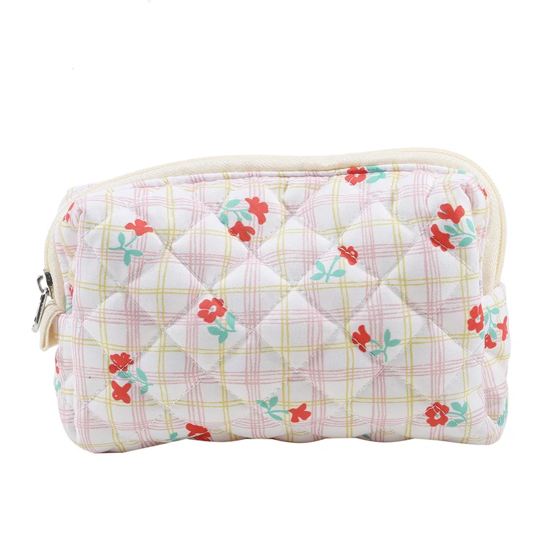 Fashion Women Quilted Cotton Cosmetic Storage Bag Cherry Travel Makeup Storage Organizer Pouch Girls Pencil Case Tote Handbags