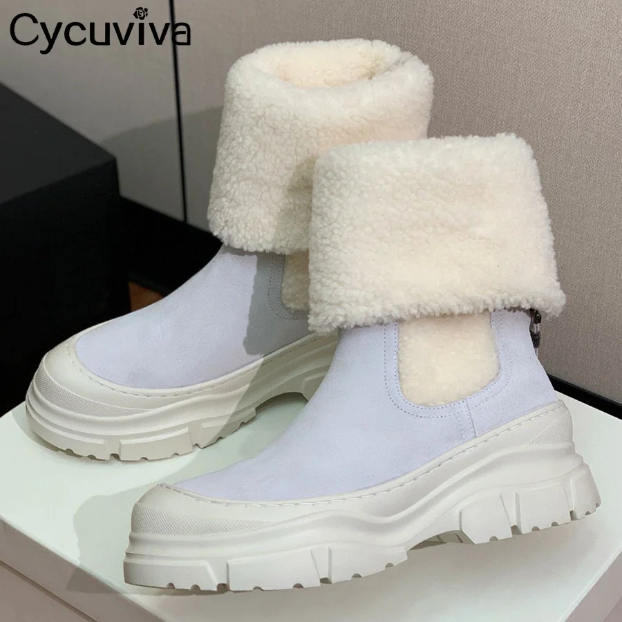 Winter New Platform Chelsea Boots Women Cow Suede Thick Sole Wool Mid Calf Short Boots Casual Comfort Party Snow Boots For Women