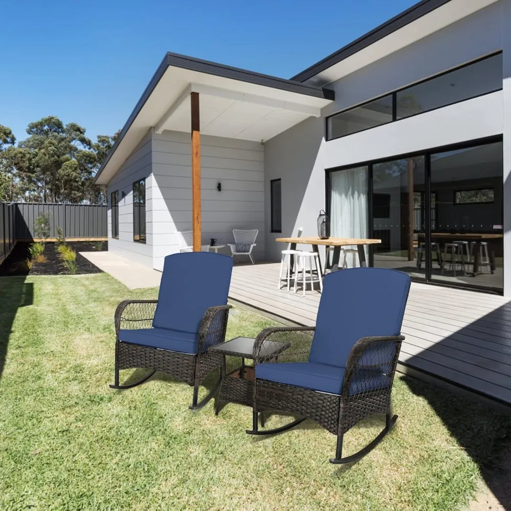 

3 pcs Rocking Bistro Set Conversation Chairs with Arm Rest, Cushion Availability PE Wicker Outdoor Rocking Chairs for Relaxing