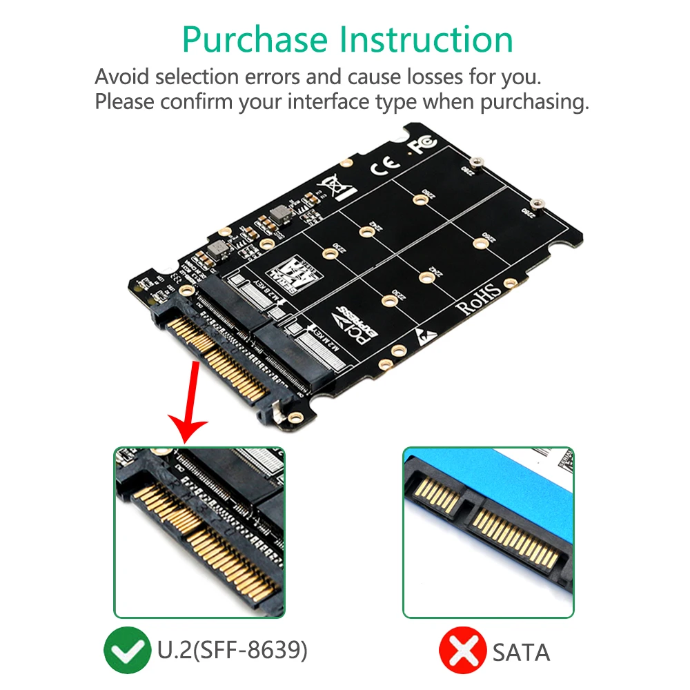 Adaptador M.2 SSD a U2, convertidor 2 en 1 M2 NVMe SATA-Bus NGFF SSD a PCI-e U.2 SFF-8639 PCIe M2 para ordenadores de escritorio