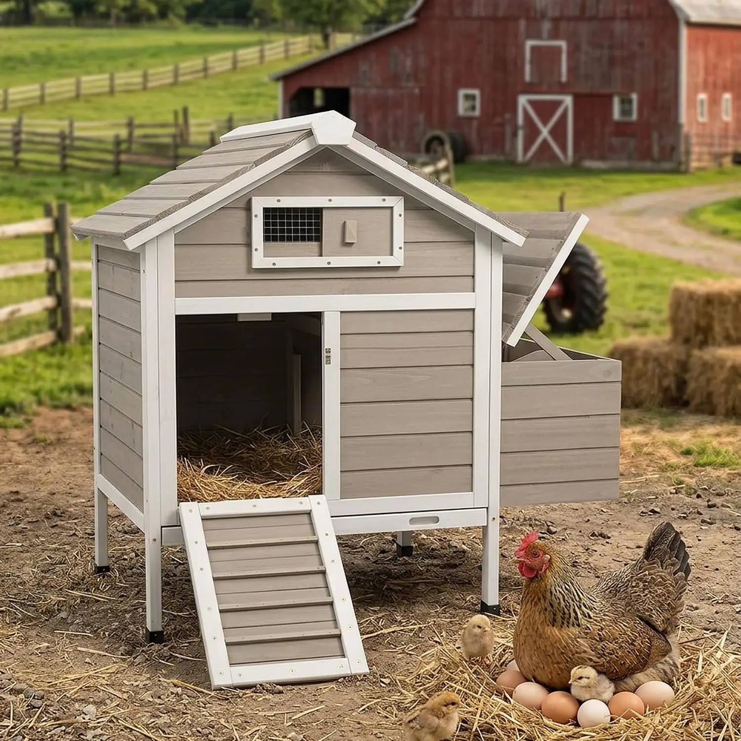 Wood Chicken Coop Rabbit Hutch with Removable Trays, Raised Nesting Box, Outdoor Poultry Cage with Ramp for Garden, Customized