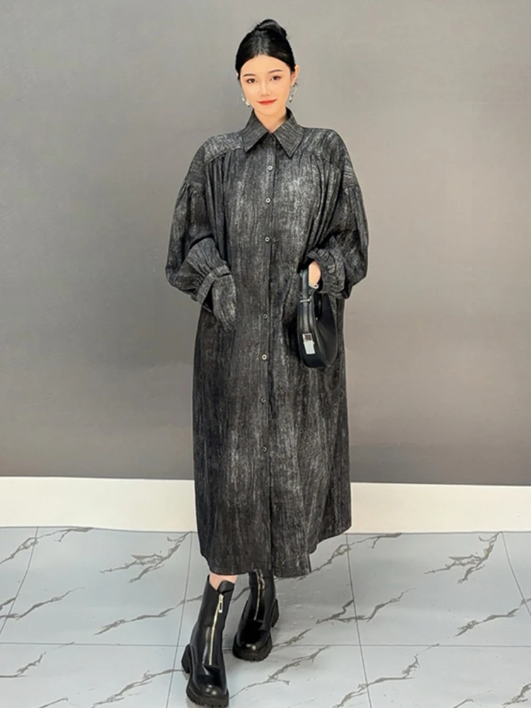 SHENGPALAE Vintage Style Long Trench Coat Women Lapel Full Sleeve Loose Single Breasted New 2024 Elegant Lady Windbreaker 5C1576