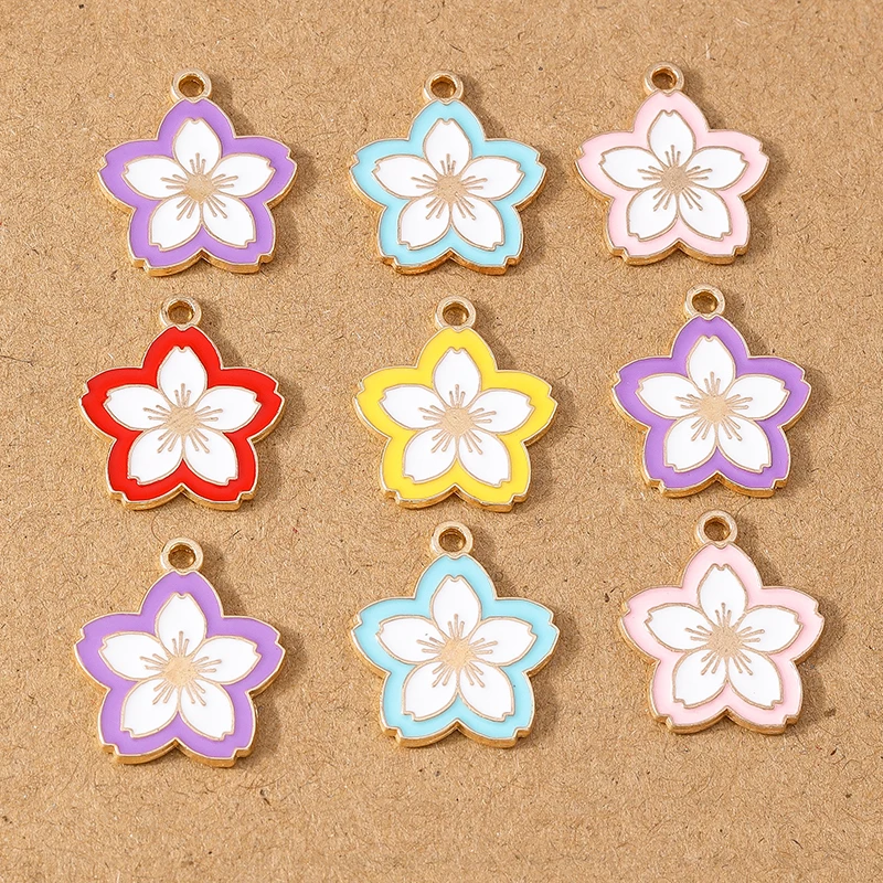 10pcs Cute Enamel Sakura Flower Charm Pendant for Necklace Earrings Bracelet DIY Jewelry Making Accessories Supplies