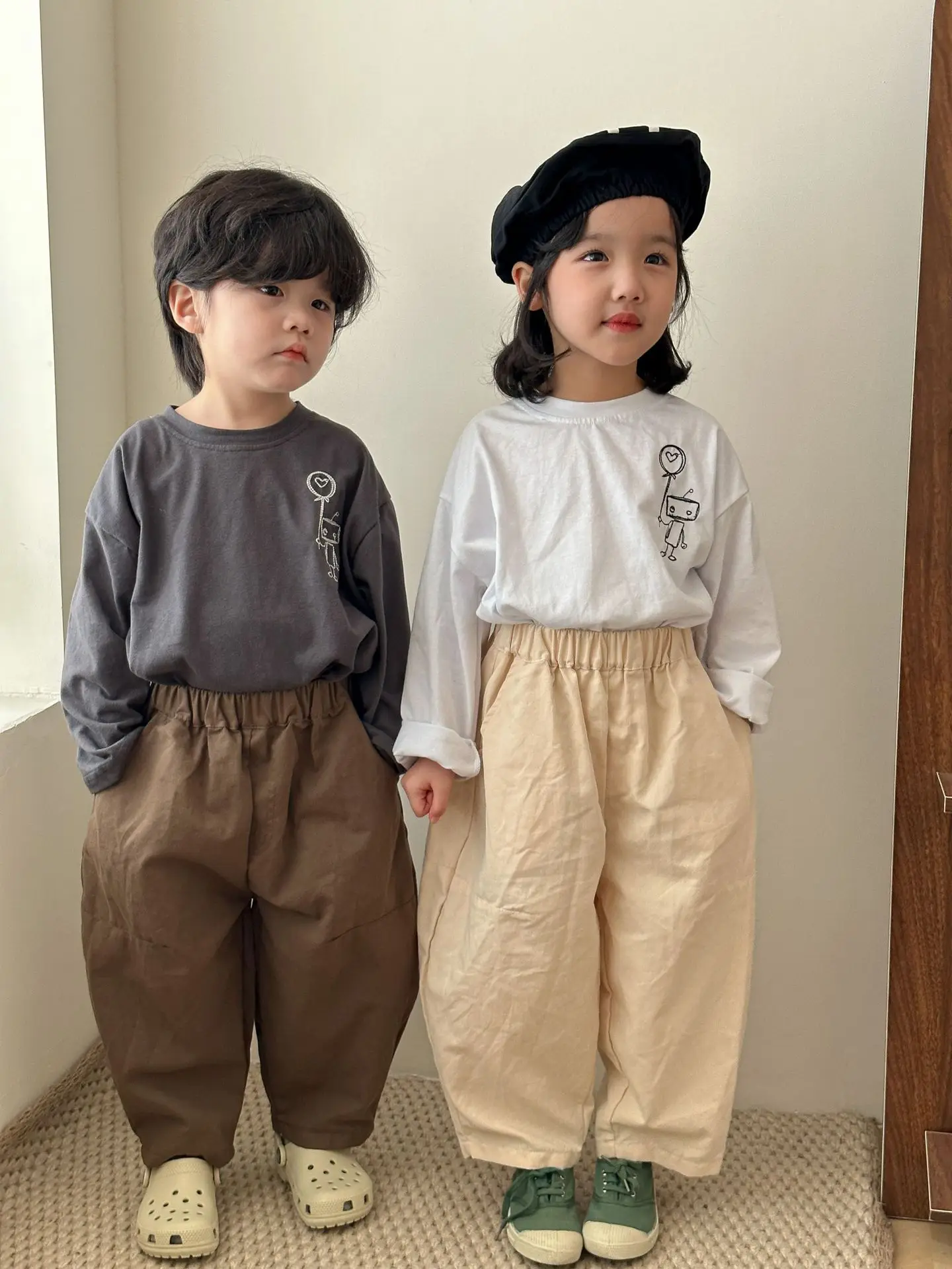 2024 Spring Autumn Boy Girl Children Loose Casual Pants Baby Solid Cotton Trousers Kids Pockets Fashion Pants Toddler Costume